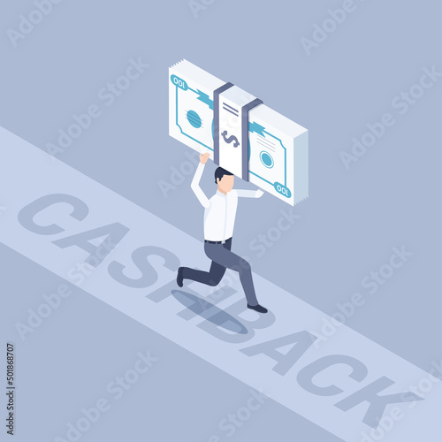 isometric vector illustration on a gray background, a man in business clothes runs along the path with a wad of money, cashback or big jackpot