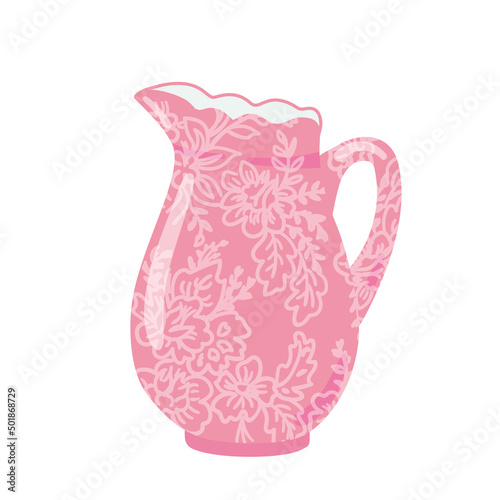 Cute ceramic milk jug design element flat cartoon illustration. Capacity for drink. Colored tableware hand drawn vector design. Kitchen trendy crockery for hot drink isolated on white background