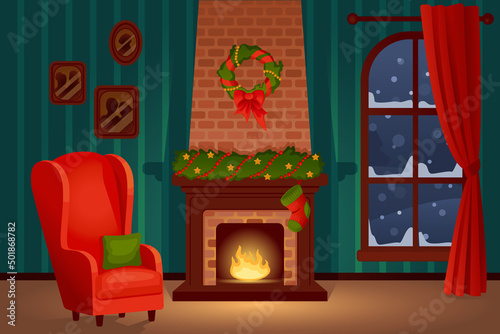 Fireplace with fire and red armchair, window