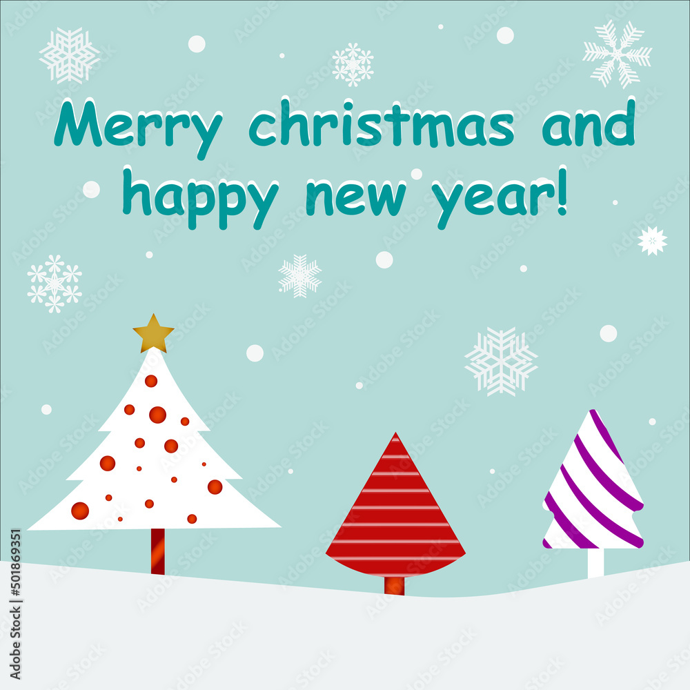Merry Christmas, Happy new year, Christmas tree, holiday, snow, winter, snowflakes, winter landscape,  Xmas, illustration, vector, star. 