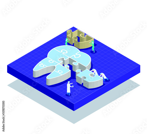 Isometric dentists puch Jigsaw tooth from the middle right to complete,Dental care concept photo