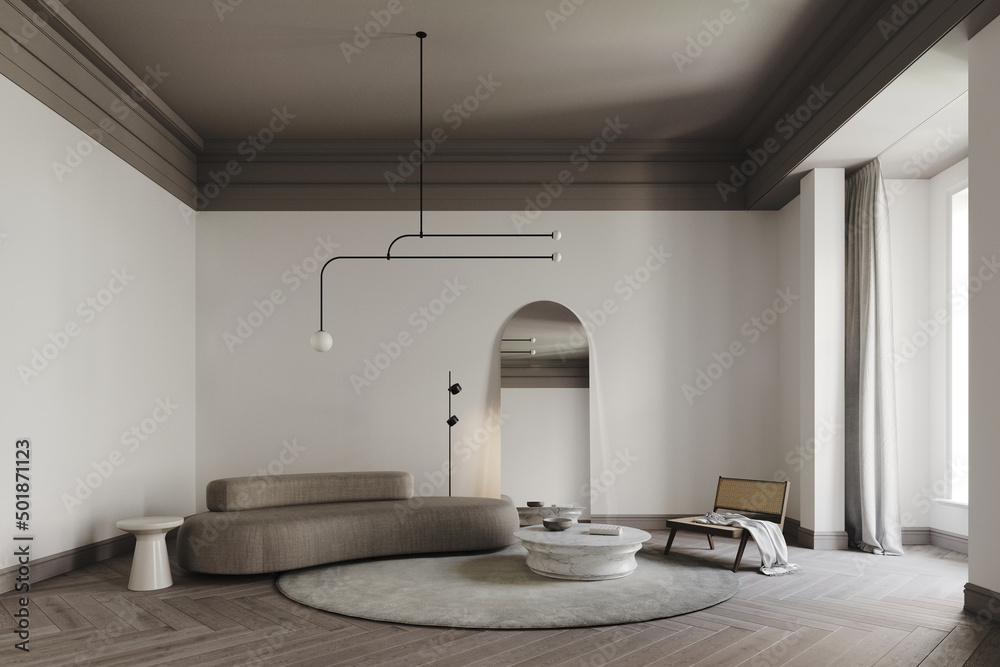3D Rendering Of Modern Living Room With Cream Sofa And Marble Table, Dark  Gray Ceiling And Cornice. White Wall , Carpets On Wood Floor, Wall With Big  Mirror, Lamp And Decor Illustration