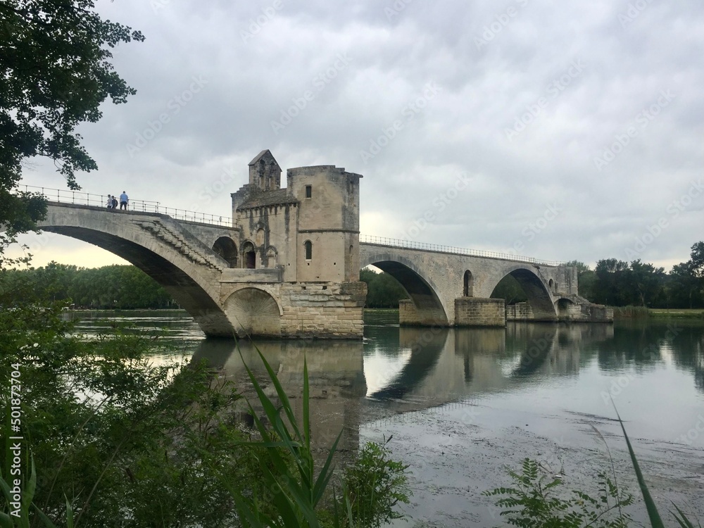 Pont d'Avignon bridge over Rhone in Avignon,Provence. View of Pont d’Avignon (famous medieval bridge) from Boulevard de la Ligne. Historic remains of 12th century bridge over Rhone river in Provence  