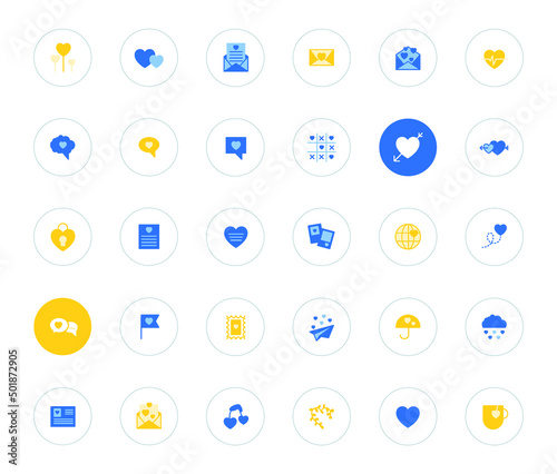 Vector romantic yellow-blue icon set. Filled love icons.