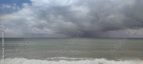 Beautiful blue ocean. Wonderful natural landscape. Cool view of waves in water. Clean white beach, sunny day. Sweet coastline. Photo for the background.