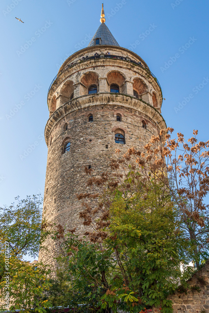 Galata Tower at sunset in autumn