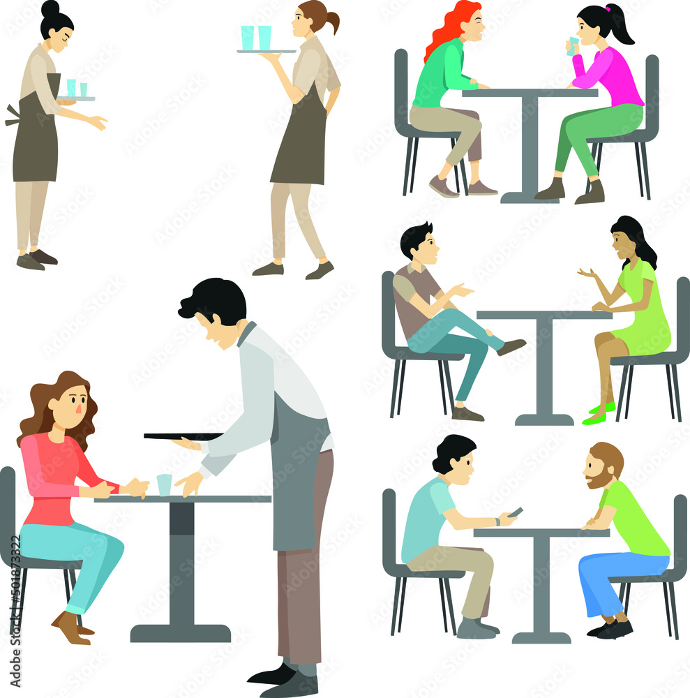 People sitting a a table in a restaurant or a cafe with waiters and waitress serving. Vector ilustration. Couples at the table having lunch or dinner