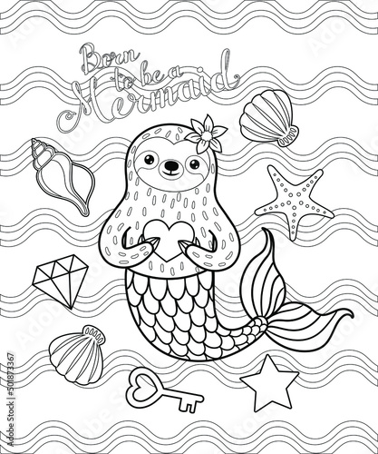 Sloth mermaid with diamond, key, seashells and starfish. Vector outline for coloring
