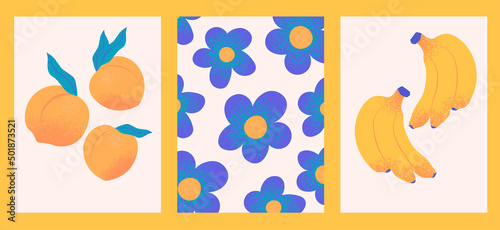  Bright vintage illustration with peach, banana, flowers. Vegan posters for grocery advertising, social media, cover design, web, menu design, restaurant decor, grocery stores.