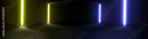 widescreen background in which two neon rods of blue and yellow colors in the corridor with reflection in the floor
