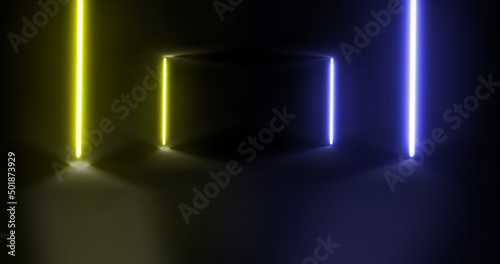 background in which two neon rods of blue and yellow colors in the corridor with reflection in the floor
