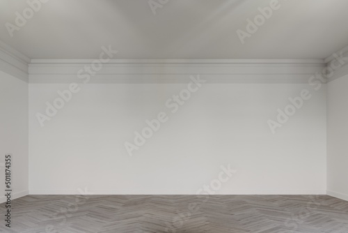  3d minimalistic white classic interior  space with cornice on the ceiling  parquet on the floor. 3D rendering illustration mockup.