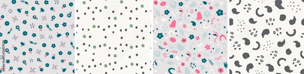 Collection of cute botanical seamless patterns. Spring summer illustrations