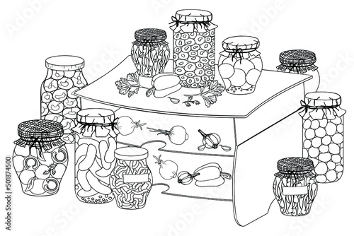 Coloring book page for adult and children. Set of glass jars with jam and other pickles jars on wooden shelves. Pantry. Canning.  Sketch object marinade pickles recipe. Zentangle.