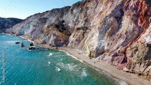 aerial view of fyriplaka beach with spectacular rock formations and colored cliffs - Milos island, Greece photo