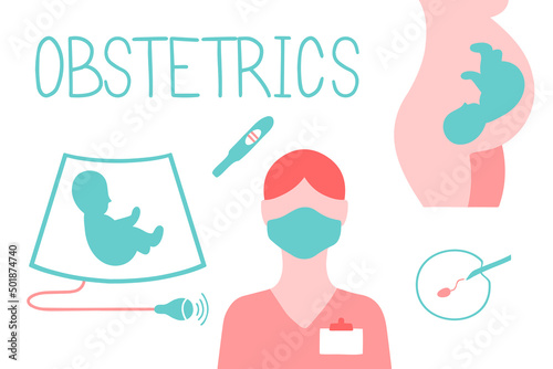 Obstetrics icons set. Ultrasound, artificial fertilization, pregnancy, fetus, embryo in woman's belly, pregnancy test.