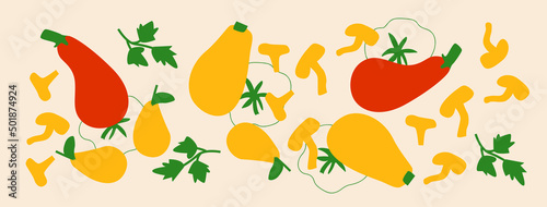 Pumpkin, pear, greens, mushrooms vector illustration on beige background. Horizontal banner autumn harvest. Abstract vegetables, fruits illustration. Abstract appetizing Vegetables collection.