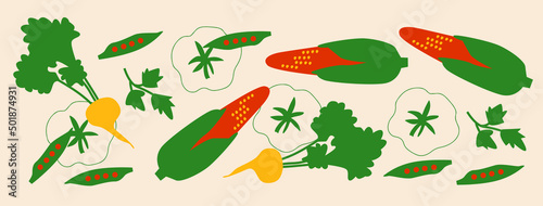 Vegetables set. Beat, peas, pepper,vector illustration on beige background. Horizontal banner autumn harvest. Abstract vegetables, fruits illustration. Abstract appetizing Vegetables collection.
