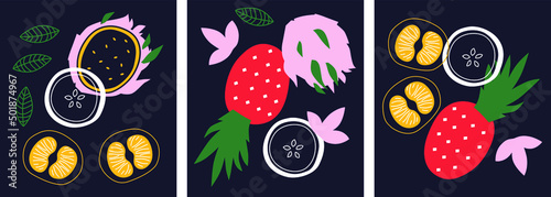 Abstract appetizing fruit and berries collection. Decorative abstract horizontal banner with colorful doodles. Hand-drawn modern illustrations with fruit and berries, abstract elements. Abstract set