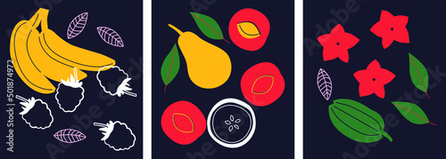 Abstract appetizing fruit and berries collection. Decorative abstract horizontal banner with colorful doodles. Hand-drawn modern illustrations with fruit and berries, abstract elements. Abstract set