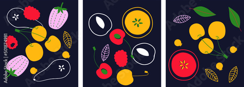Abstract appetizing fruit and berries collection. Decorative abstract horizontal banner with colorful doodles. Hand-drawn modern illustrations with fruit and berries, abstract elements. Abstract set
