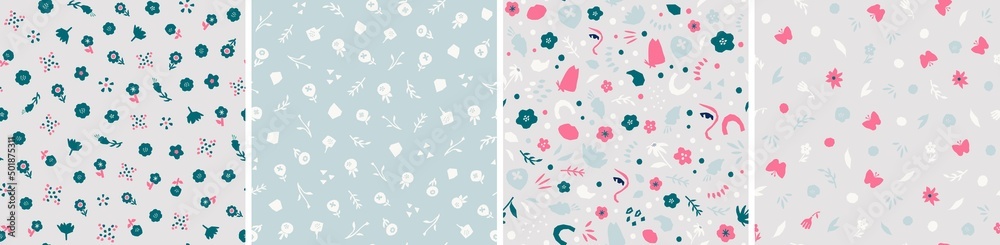 Set of floral vector seamless patterns. Bright abstract background