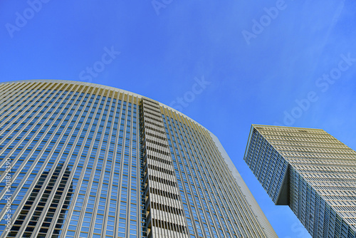 Skyscrapers in the center of a large city. High multi-storey buildings in the center of the metropolis.