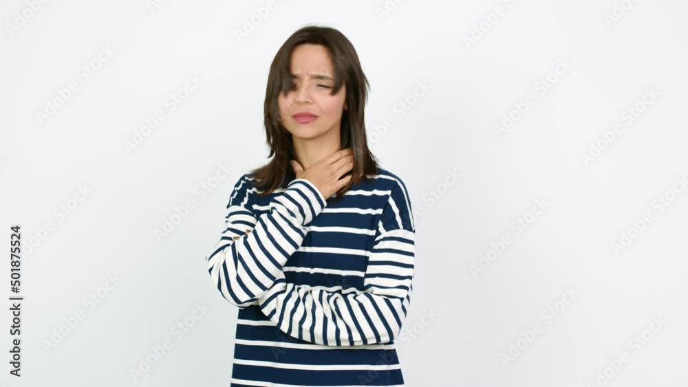 Young brunette woman is suffering with cough and feeling bad over isolated background Young brunette woman is suffering with cough and feeling bad over isolated background
