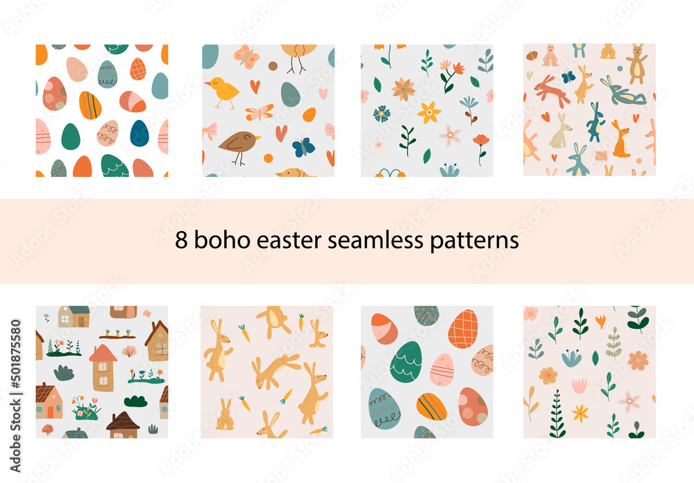 Boho easter seamless patterns collection. Baby nursery print. Houses and bunny. Flowers and eggs. Vector illustration