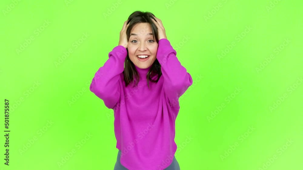 Young brunette woman with surprise and shocked facial expression over isolated background. Green screen chroma key Young brunette woman with surprise and shocked facial expression over isolated background. Green screen chroma key