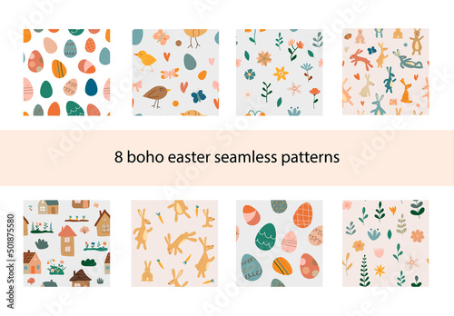 Boho easter seamless patterns collection. Baby nursery print. Houses and bunny. Flowers and eggs. Vector illustration