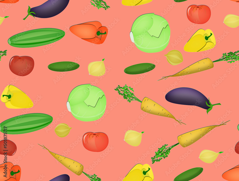 Seamless pattern with vegetables on a pink background.