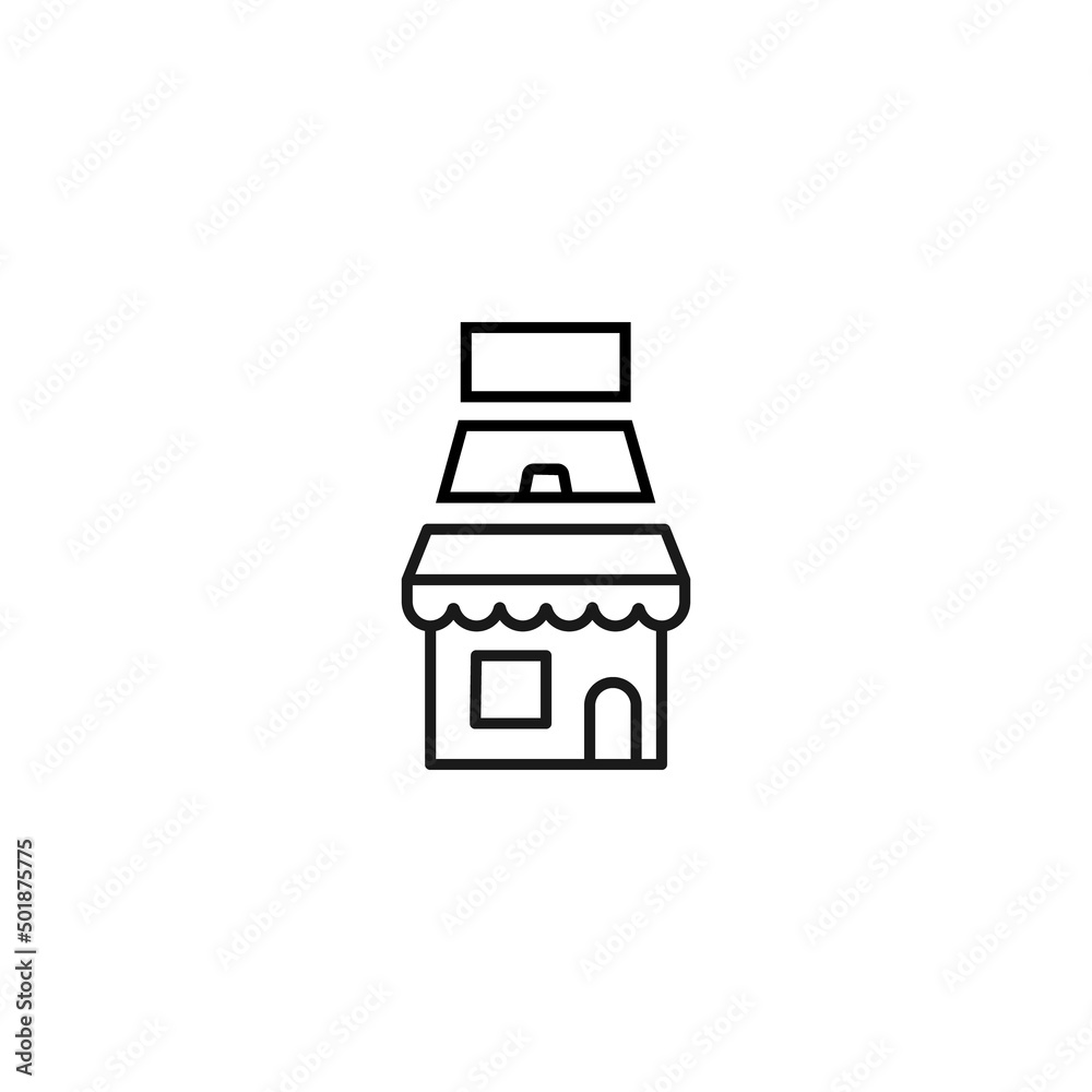 Store and shop concept. Outline sign suitable for web sites, stores, shops, internet, advertisement. Editable stroke drawn with thin line. Icon of laptop over shop Store and shop concept. Outline sign suitable for web sites, stores, shops, internet, advertisement. Editable stroke drawn with thin line. Icon of laptop over shop