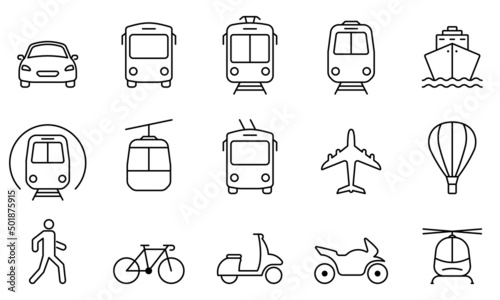Vehicle, Air, Railway, Bike Transport Line Icon. Car, Bus, Tram, Train, Metro, Plane and Ship Linear Pictogram. Public Transport Station Outline Sign. Editable Stroke. Isolated Vector Illustration