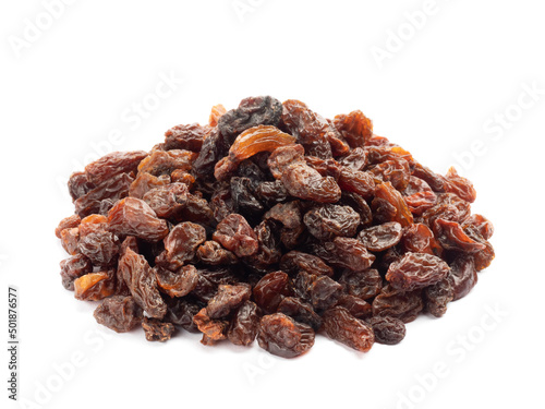 Bunch of Raisin isolated on white background. Macro. Vegetarian concept