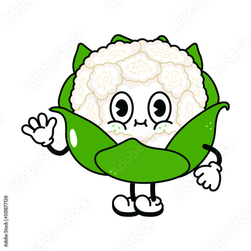 Cute funny cauliflower waving hand character. Vector hand drawn traditional cartoon vintage  retro  kawaii character illustration icon. Isolated on white background. Cauliflower character concept