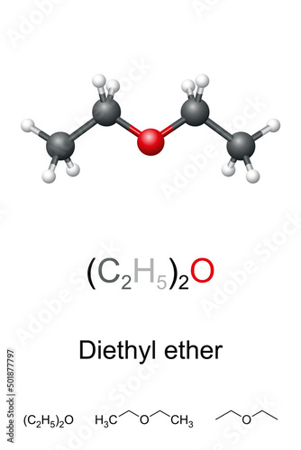 Diethyl ether, or simply ether, ball-and-stick model, molecular and chemical formula. Ethoxyethane, (C2H5)2O, an organic compound, also known as Et2O. Used as a solvent or starting fluid for engines.