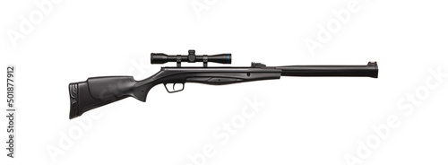 Black pneumatic rifle with an optical sight isolated on white background. Pneumatic weapons for sports and entertainment. Isolate on a white back.