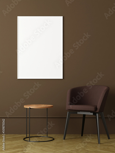 Fototapeta Naklejka Na Ścianę i Meble -  Modern and minimalist vertical white poster or photo frame mockup on the wall in the living room. 3d rendering.