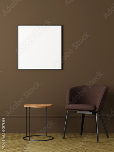Fototapeta Naklejka Na Ścianę i Meble -  Modern and minimalist square black poster or photo frame mockup on the wall in the living room. 3d rendering.