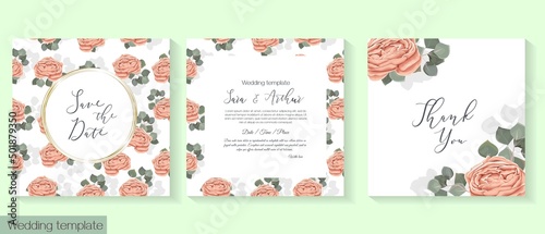 Vector floral template for wedding invitations. Beige roses  eucalyptus  gold frame. Floral pattern on invitation card