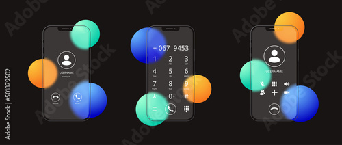 Phone screen set of incoming call, typing a number and phone communication in glassmorphism style. Vector EPS 10