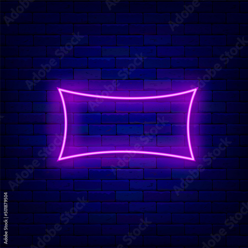 Rectangular violet neon frame on brick wall. Horizontal framing. Retro border. Copy space. Vector stock illustration