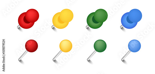 Push pin set in red, yellow, green and blue color. Vector illustration