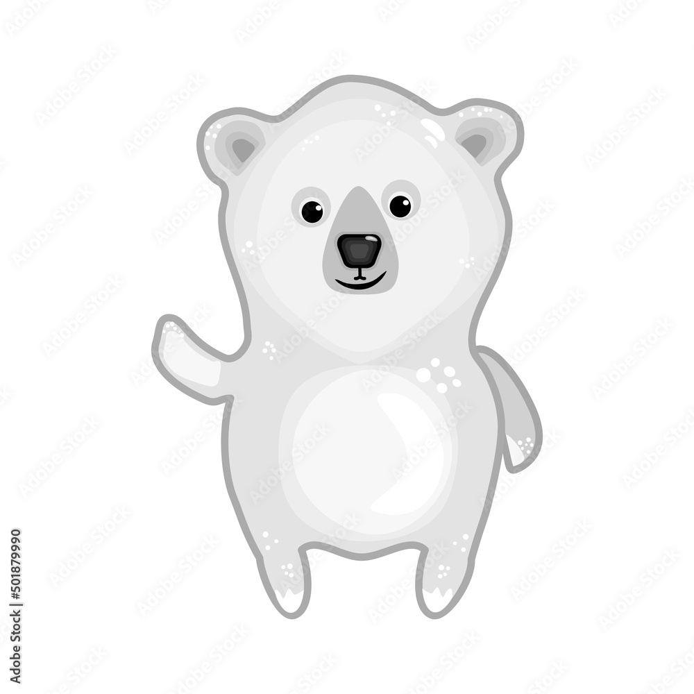 Polar bear isolated on white background. Arctic bear cartoon character. Friendly teddy bear cub standing and waving hand.Cute white bear mascot smiling.Funny northern animal symbol.Vector illustration Polar bear isolated on white background. Arctic bear cartoon character. Friendly teddy bear cub standing and waving hand.Cute white bear mascot smiling.Funny northern animal symbol.Vector illustration