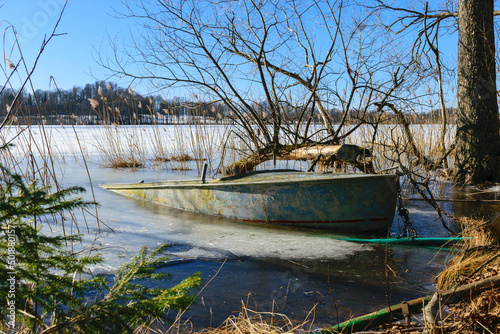 view of the lake shore with fishing boats on the lake shore  bare tree trunks in spring  old trees on the lake shore