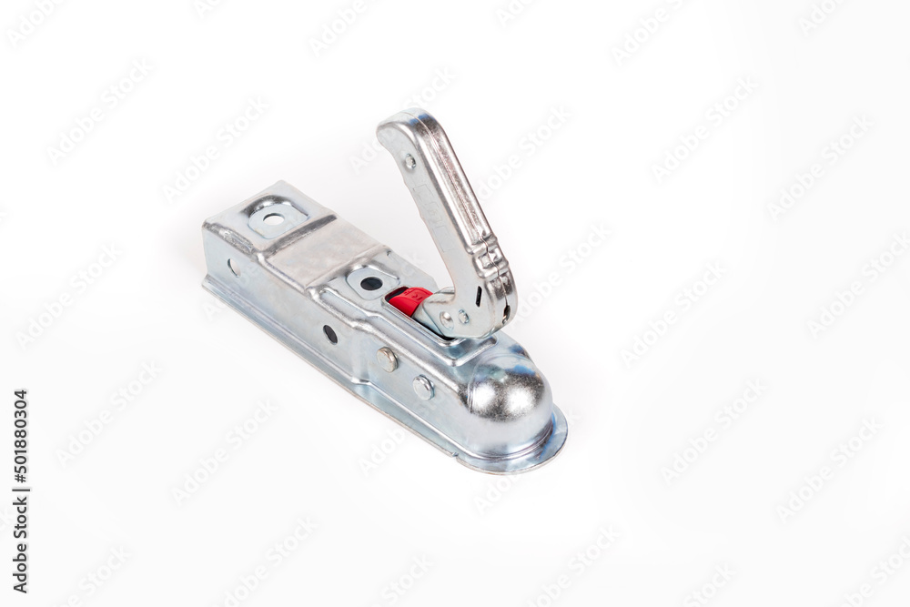 on a white background. a device for coupling a trailer and a car. silver-colored metal products. on a white background. a device for coupling a trailer and a car. silver-colored metal products.