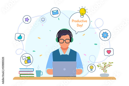 Boy with laptop, happy man, well being, businessman, creative people, working at home, office workplace, study, social network, lifestyle, background