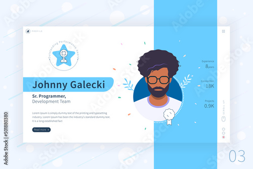Achievements, Profile, Avatar, Portfolio, Social media, Certificate, Recruitment service, Feedback, ID card, professional layout interface