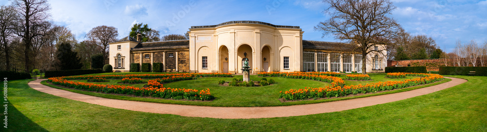 panorama of tulip garden in english country house